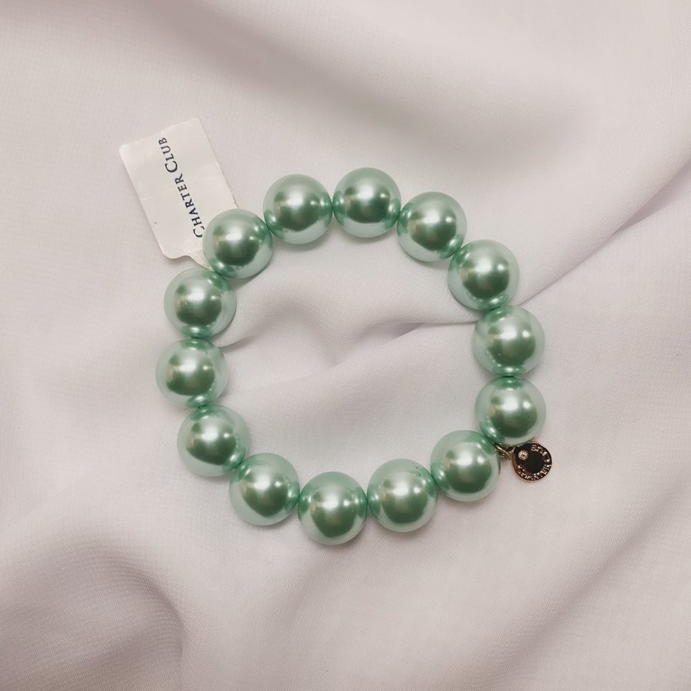 Charter Club Chunky Round Faux Pearl Beaded Teal Aqua Statement Stretch Bracelet